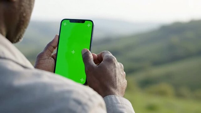 Man using smartphone with green screen chroma key display outdoors for mobile app marketing and digital integration