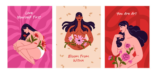 Fototapeta premium Set of postcards with women and menstruation. Design of cards with naked girls and blooming flowers. Menstrual period and self care. Self love and female health. Menstruation and menstrual cycle