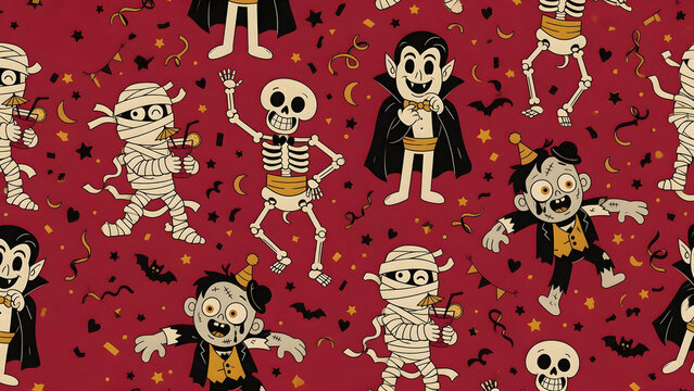 Seamless Halloween pattern with funny party monsters, dancing skeleton, mummy, vampire and cheerful zombie in a bold vintage cartoon style on deep burgundy