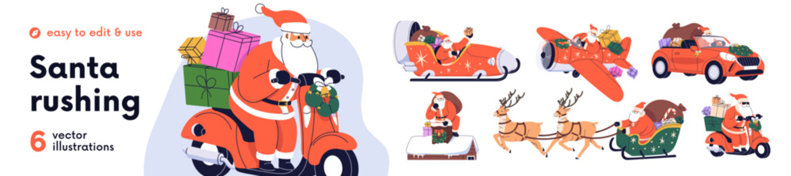 Santa with gifts, on sleigh with reindeer, Christmas vector set. Santa with bag and gifts in chimney, on winter holiday sleigh, Xmas motorbike, car. Flat vector illustrations isolated on white
