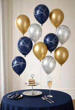 Elegant wedding celebration table with decorative balloons and cake