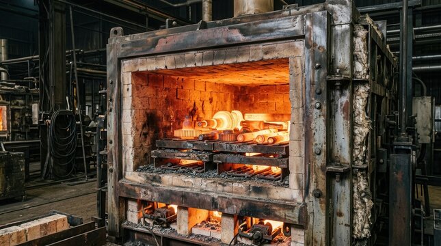 Industrial furnace heating metal parts in a manufacturing plant, intense heat and glowing components