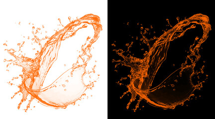 Orange juice splash with liquid droplets, dynamic citrus fruit drink explosion, refreshing beverage swirl on white and black background © Abul Kalam