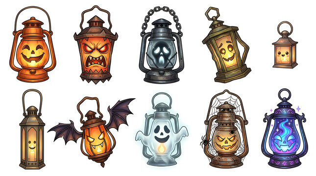 Collection of decorative vintage halloween lanterns with spooky faces and glowing lights on white background isolated