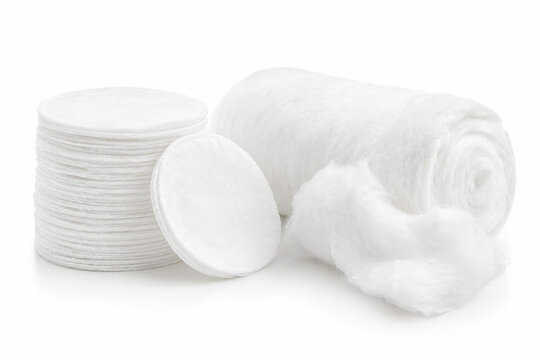 White cotton pads and roll of cotton on a clean background  