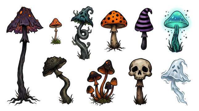 Collection of hand drawn fantasy mushrooms with spooky and magical elements isolated on white background set