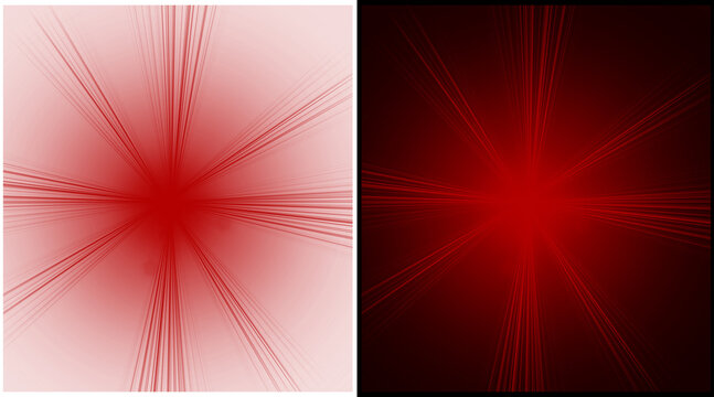 Red starburst light effect on white and black backgrounds, glowing sunburst rays and lens flare, radiant abstract light beam illustration
