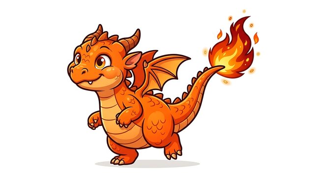 Cute cartoon baby dragon orange with flaming tail isolated on white background 3D illustration fantasy