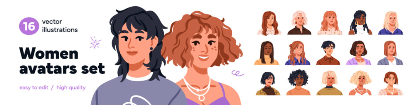 Diverse women head portraits, avatars set. Happy smiling girls with modern hairstyles. Females with long and short, curly and straight hair. Flat vector illustrations isolated on white background