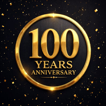 Golden centennial anniversary badge with celebratory confetti sparkles design