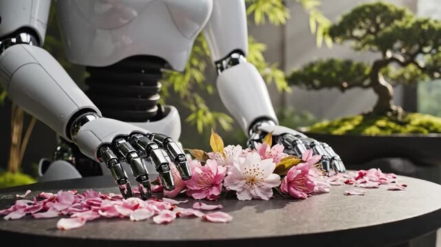 Robot hands arranging cherry blossom petals, glossy mechanical fingers gently touch pink petals on round stone table, miniature bonsai and soft green foliage in background, subtle cinematic lighting