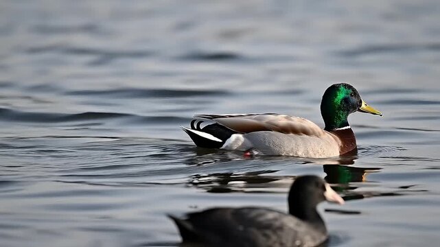 Mallard duck swimming on calm blue water, male wild duck with iridescent green head floating on a lake, peaceful waterfowl in natural pond habitat, aquatic bird life in serene outdoor setting
