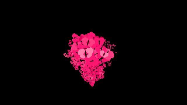 Pink heart particles floating and clustering on black background
