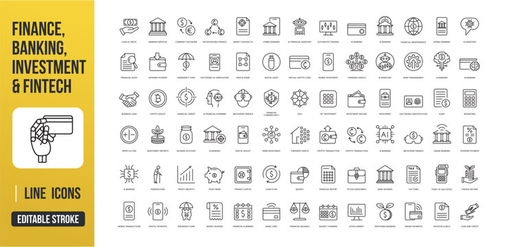 Finance, banking and investment icons for modern fintech services, AI tools and digital payments, created with editable stroke