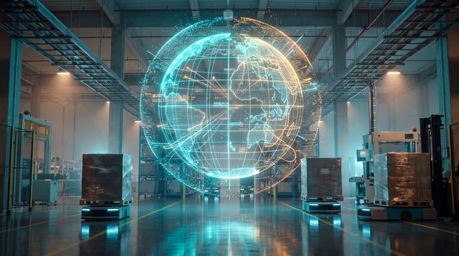 Automated Guided Vehicles Transporting Cargo Under Digital Earth. Expansive robotic warehouse scene for smart logistics marketing.