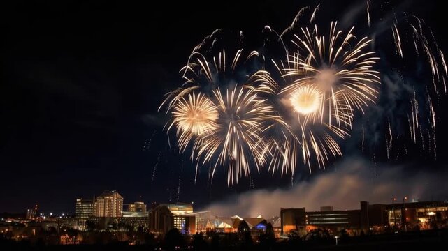 Spectacular fireworks illuminate the night sky above a city skyline, creating a vibrant and celebratory spectacle. ..Created with Generative AI, not depicting real subjects.