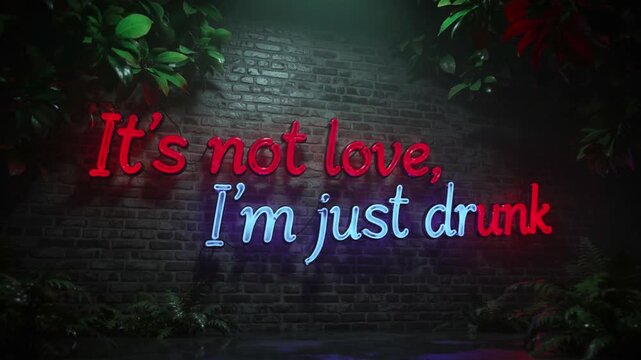 Neon Sign Reading It'S Not Love I'M Just Drunk Glowing on Brick Wall Surrounded by Foliage at Night