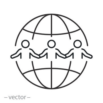 people with globe, multicultural community, different nationalities together, line icon vector illustration