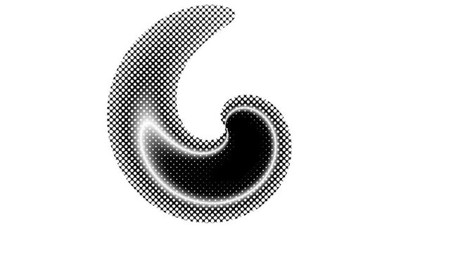 Abstract black halftone spiral shapes set on white background