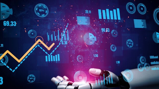 A robotic hand interacts with colorful data visualizations and graphs, showcasing financial analysis and predictive algorithms in a futuristic digital environment. Xenic