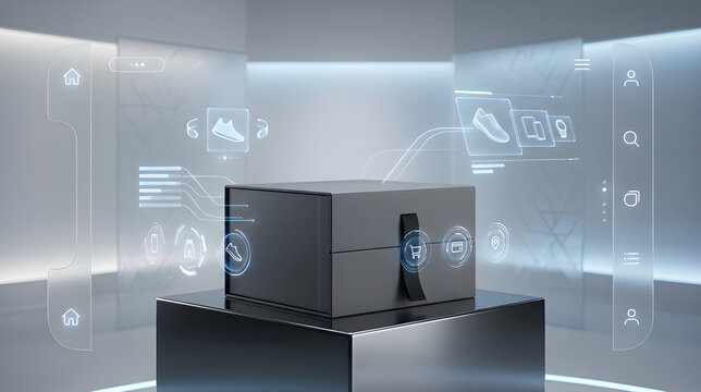 Black product box on a pedestal surrounded by holographic digital data interfaces