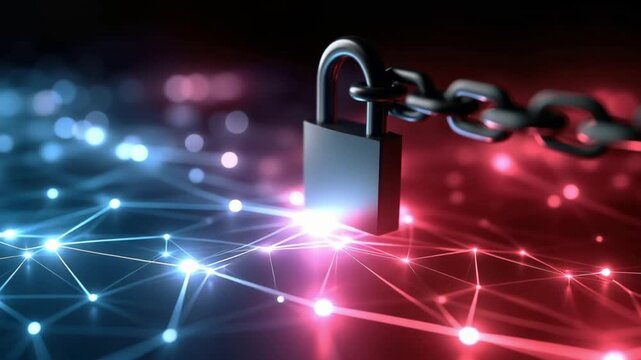 A metallic padlock secured to a chain, digitally rendered over a network of glowing connections. ..Created with Generative AI, not depicting real subjects.