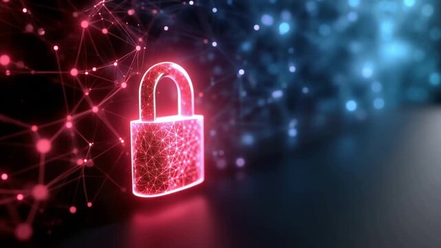 A glowing neon padlock, symbolizing digital security, is illuminated against a backdrop of interconnected nodes and glowing particles. ..Created with Generative AI, not depicting real subjects.