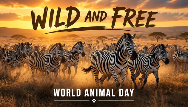 Zebras herd running through african plains at golden hour for world animal day with wildlife