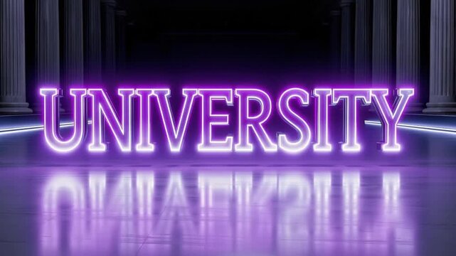 University sign in purple neon lights with pillars background ..Created with Generative AI, not depicting real subjects.