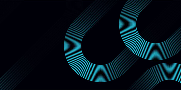 Futuristic black background with glowing cyan circuit line loop, dynamic geometric track pattern, and modern tech web banner layout template.