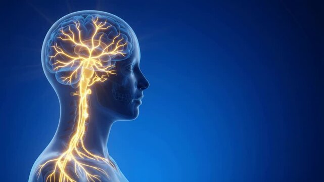 3D animation of a human brain and nervous system inside a translucent head profile on a blue background