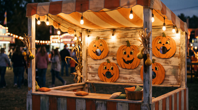 Pumpkin toss game stall at night festival. Carnival booth with wooden jack-o-lantern targets for autumn fair. Vintage folk Halloween celebration decor for children and family activity.