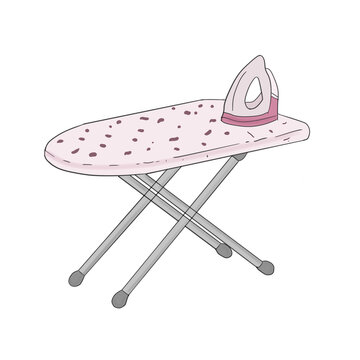 Cute pastel pink ironing board with clothes iron vector illustration