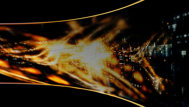 Abstract particle motion with vibrant colors, digital flowing particles, VR, futuristic sci-fi, tech innovation, and immersive cyber space background