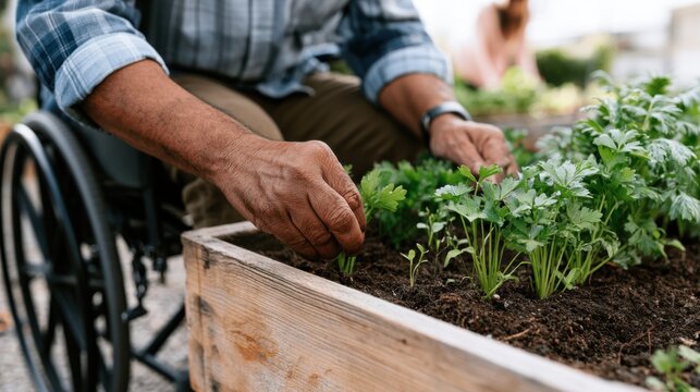 Man in wheelchair tending to vegetable garden, planting herbs in wooden planter box, with greenery and another person visible in the background