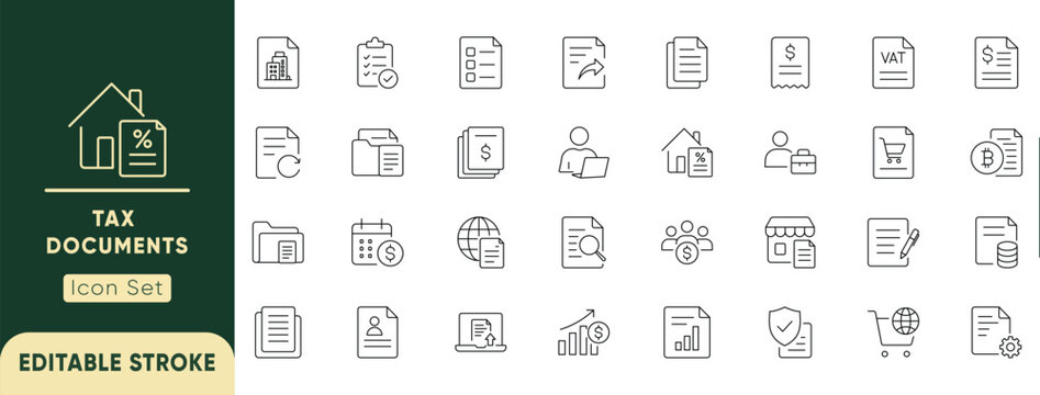 Tax documents and financial paperwork icon set. Featuring business invoice, corporate audit, property tax, e-tax filing, and compliance. Editable vector