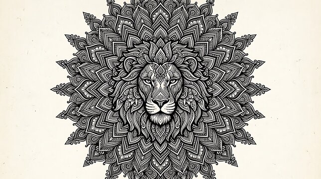 Detailed lion head mandala pattern for coloring monochrome photo
