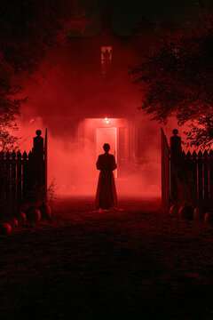 Red fog surrounds mysterious woman approaching haunted Halloween house through dark gated garden filled with pumpkins