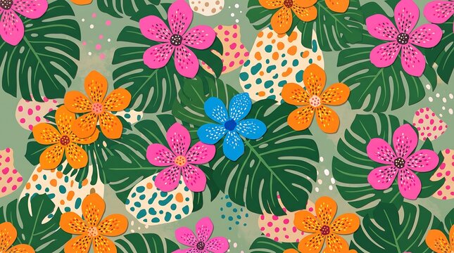 Tropical flowers and monstera leaves seamless vector pattern on a light green background for summer designs