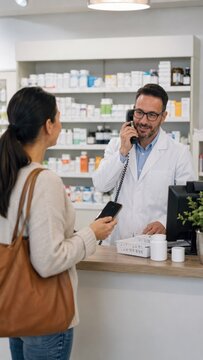 Male pharmacist in white coat assists female customer with smartphone at pharmacy counter, shelves stocked with various medications and products in the background