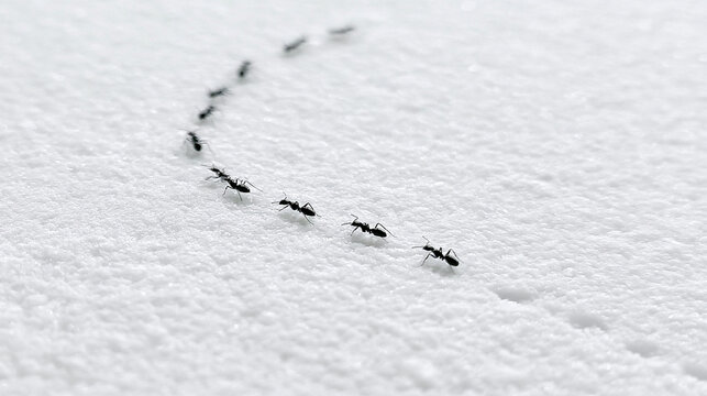 Black Ants Marching In A Line Across White Textured Background Macro

