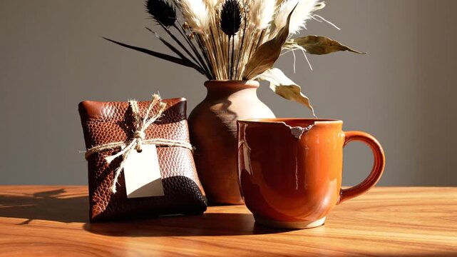 Still life with coffee mug, wrapped gift, and vase of dried flowers on a wooden table, warm sunlight