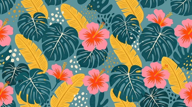 Tropical leaves and hibiscus flowers seamless vector pattern on teal background for summer designs