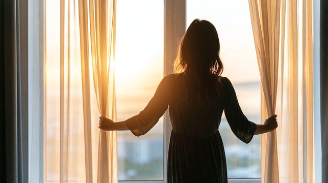 Woman standing in silhouette, opening curtains at a window, seeing warm golden morning light and a new beginning