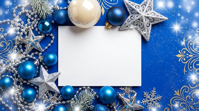 Festive christmas card background with blue ornaments and silver star decorations