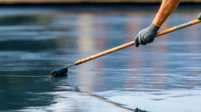 Worker Hand In Glove Using Small Roller To Apply Waterproof Coating
