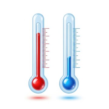 Red and blue classic thermometers showing temperature isolated on white background