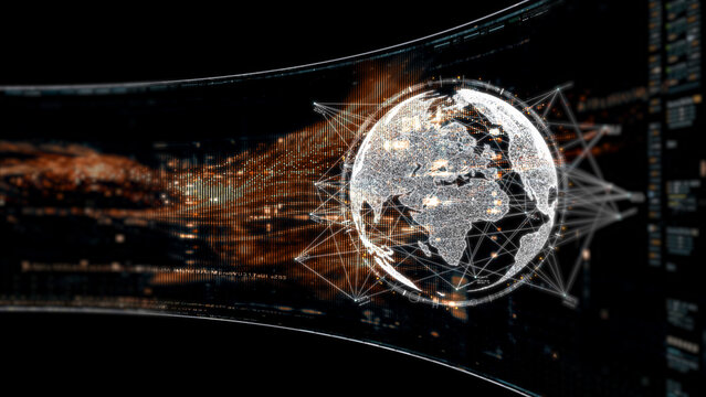 Abstract particle motion with vibrant colors, digital flowing particles, VR, futuristic sci-fi, tech innovation, and immersive cyber space background