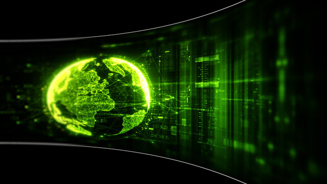 Abstract particle motion with vibrant colors, digital flowing particles, VR, futuristic sci-fi, tech innovation, and immersive cyber space background