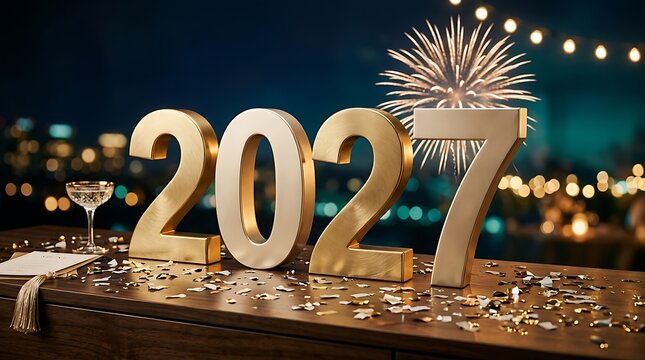 Golden numbers representing the year twenty twentyseven with festive fireworks background celebration